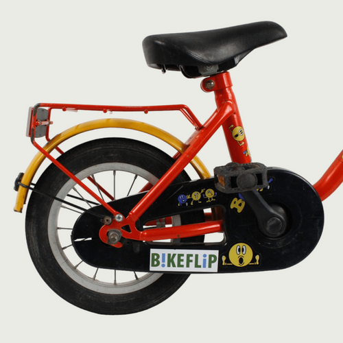 12.109. BikeFlip, 12 inch fiets voor kinderen, kleurrijke kinderfiets, oranje blauwe gele fiets, terugtraprem, 85-100 cm kind