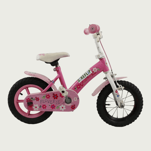 12.121 - BikeFlip, 12 inch kinderfiets, roze kinderfiets, veilige peuterfiets, handrem, terugtraprem, zijwieltjes, kabelslot