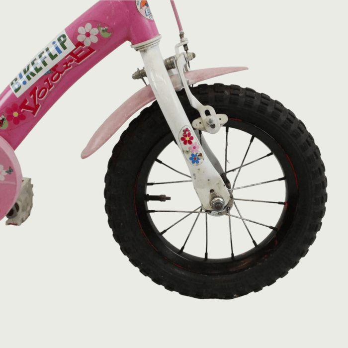 12.121 - BikeFlip, 12 inch kinderfiets, roze kinderfiets, veilige peuterfiets, handrem, terugtraprem, zijwieltjes, kabelslot