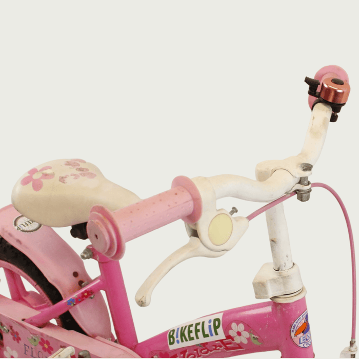 12.121 - BikeFlip, 12 inch kinderfiets, roze kinderfiets, veilige peuterfiets, handrem, terugtraprem, zijwieltjes, kabelslot