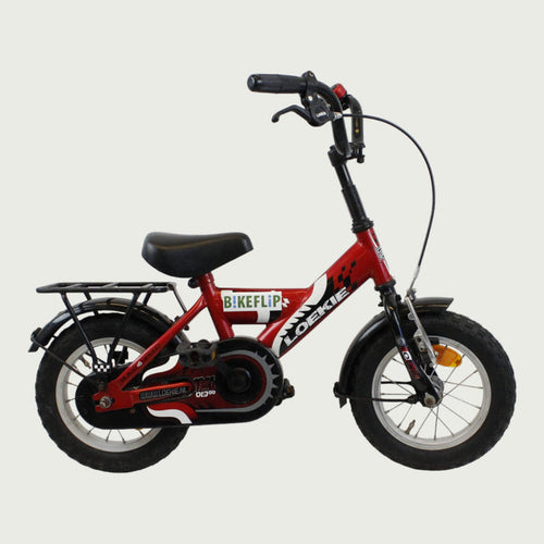 12.125 - BikeFlip, 12 inch kinderfiets, Loekie fiets, rode kinderfiets, terugtraprem, handrem, peuterfiets, kabelslot