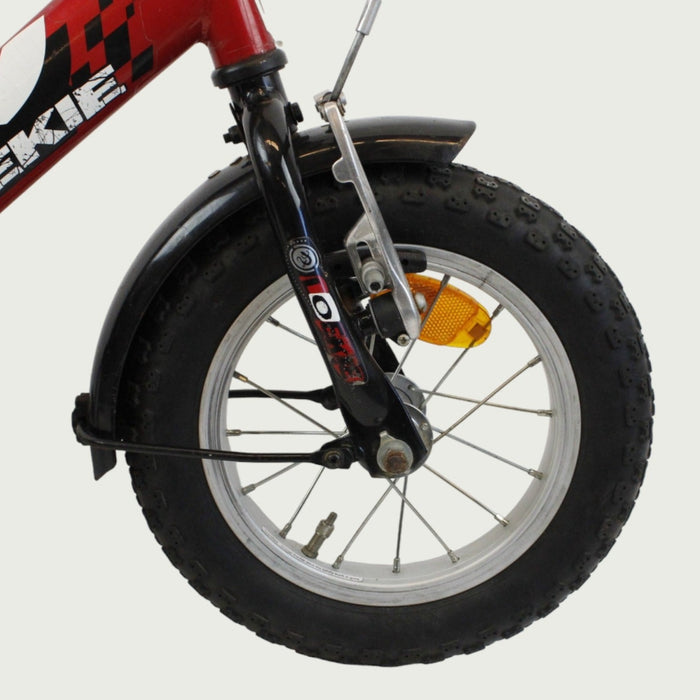 12.125 - BikeFlip, 12 inch kinderfiets, Loekie fiets, rode kinderfiets, terugtraprem, handrem, peuterfiets, kabelslot