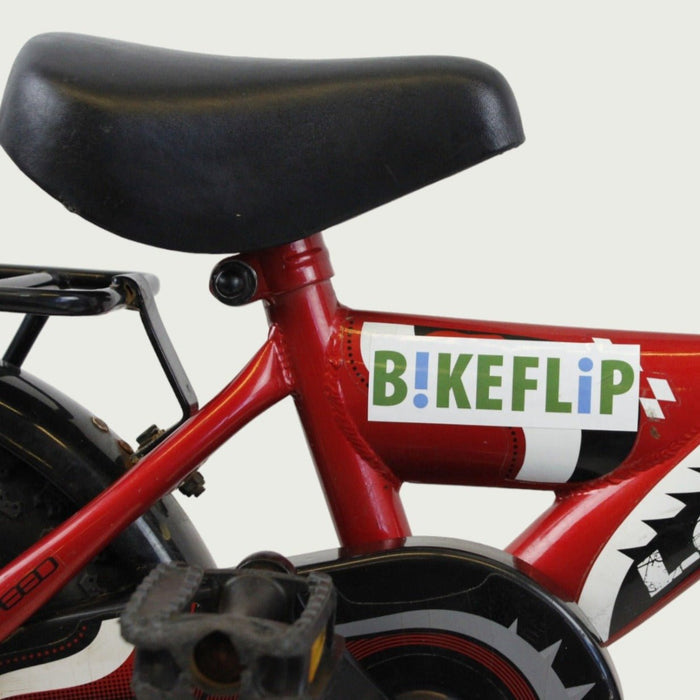 12.125 - BikeFlip, 12 inch kinderfiets, Loekie fiets, rode kinderfiets, terugtraprem, handrem, peuterfiets, kabelslot
