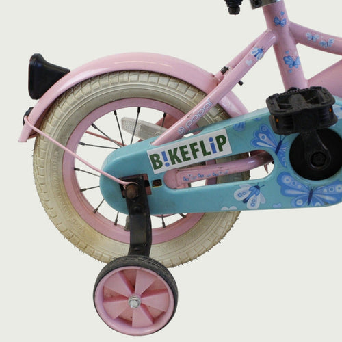 12.128 - BikeFlip, 12 inch kinderfiets, roze kinderfiets, Joop fiets, terugtraprem, zijwieltjes, kabelslot, peuterfiets
