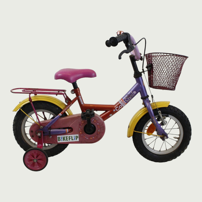 12.129 - BikeFlip, 12 inch kinderfiets, Loekie fiets, kleurrijke kinderfiets, mandje voorop, zijwieltjes, terugtraprem