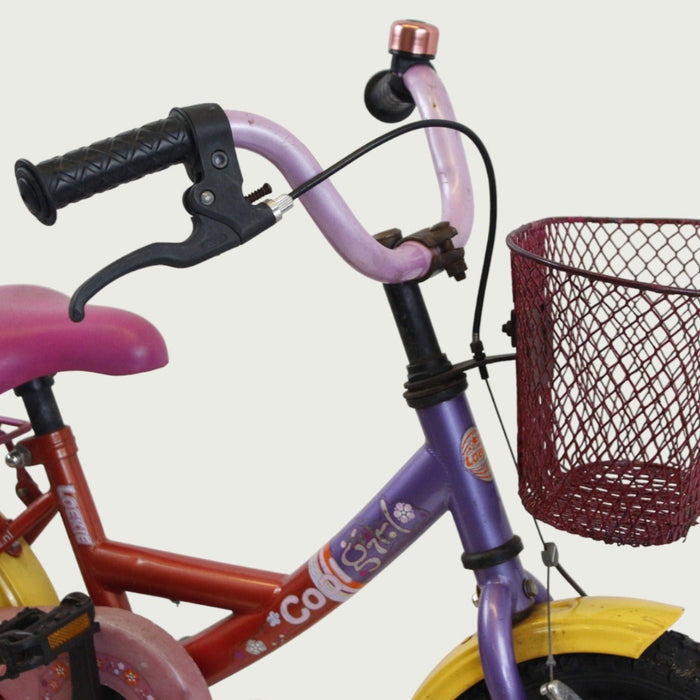 12.129 - BikeFlip, 12 inch kinderfiets, Loekie fiets, kleurrijke kinderfiets, mandje voorop, zijwieltjes, terugtraprem
