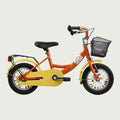 12.12, BikeFlip, 12 inch oranje gele kinderfiets, terugtraprem, handrem, geen versnellingen, kabelslot, gebruikt mandje