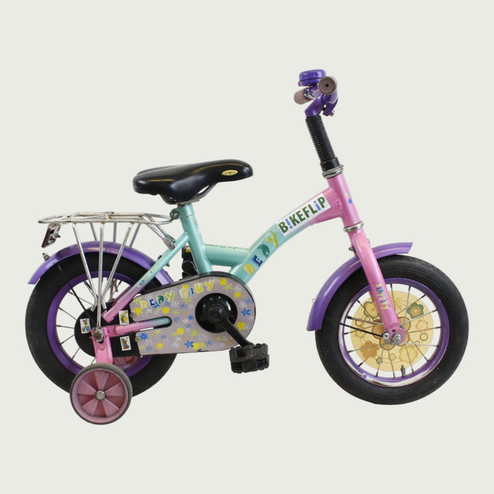 12.139 - BikeFlip, 12 inch kinderfiets, veelkleurige kinderfiets, terugtraprem, handrem, kabelslot, peuterfiets, 85-100 cm