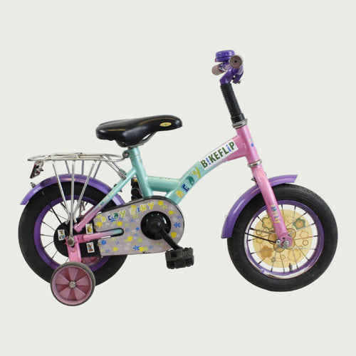 12.139 - BikeFlip, 12 inch kinderfiets, veelkleurige kinderfiets, terugtraprem, handrem, kabelslot, peuterfiets, 85-100 cm