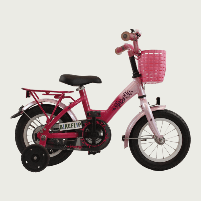 12.139 - BikeFlip, 12 inch kinderfiets, Gazelle fiets, roze kinderfiets, mandje voorop, terugtraprem, zijwieltjes, kabelslot