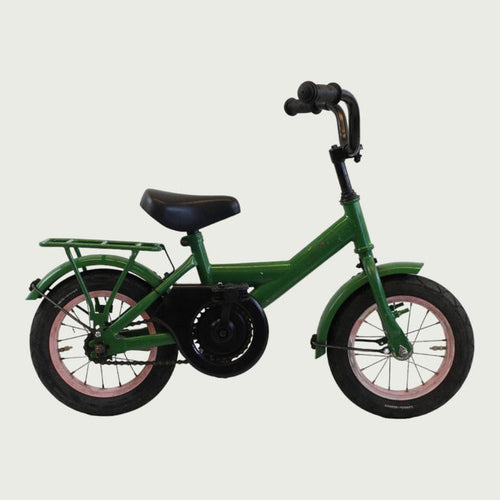 12.145 - BikeFlip, 12 inch kinderfiets, groene kinderfiets, avontuurlijke fiets, zijwieltjes, terugtraprem, handrem
