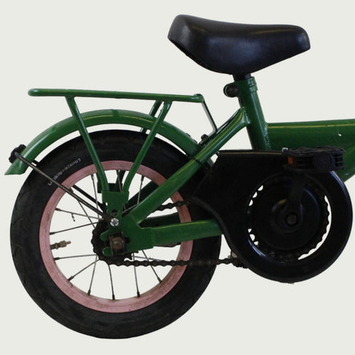 12.145 - BikeFlip, 12 inch kinderfiets, groene kinderfiets, avontuurlijke fiets, zijwieltjes, terugtraprem, handrem