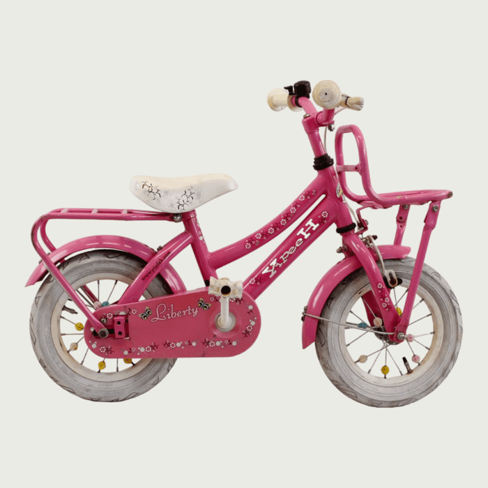 12.146 - BikeFlip, 12 inch kinderfiets, roze kinderfiets, kinderfiets met voorrekje, zijwieltjes, terugtraprem, handrem