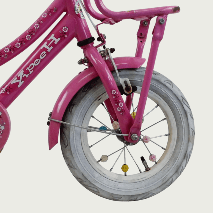 12.146 - BikeFlip, 12 inch kinderfiets, roze kinderfiets, kinderfiets met voorrekje, zijwieltjes, terugtraprem, handrem