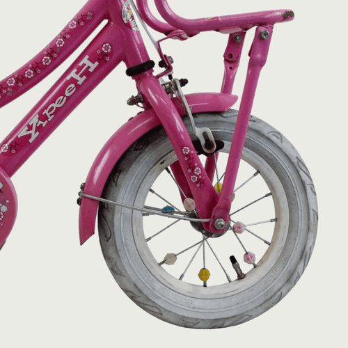 12.146 - BikeFlip, 12 inch kinderfiets, roze kinderfiets, kinderfiets met voorrekje, zijwieltjes, terugtraprem, handrem