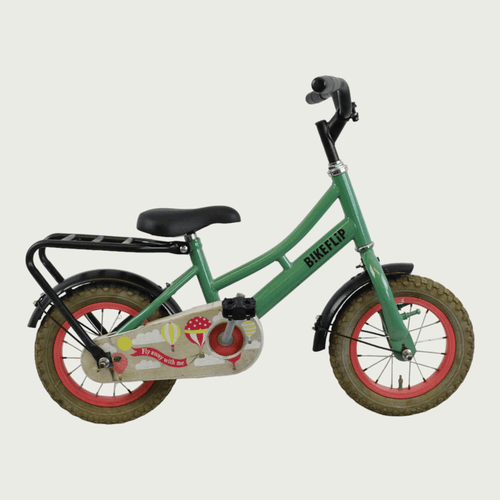12.156 - BikeFlip, 12 inch kinderfiets, groene fiets, terugtraprem, zijwieltjes, avontuurlijke fiets, luchtballonnen