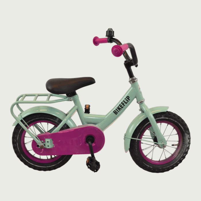 12.162 - BikeFlip, Poedercoat Premium, 12 inch fiets, kinderen 3-4 jaar, groene fiets, terugtraprem, kabelslot