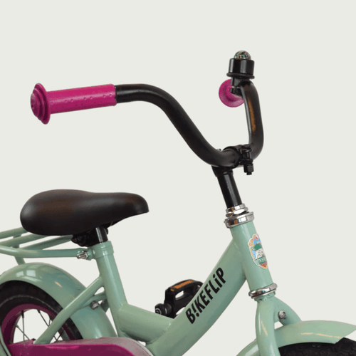 12.162 - BikeFlip, Poedercoat Premium, 12 inch fiets, kinderen 3-4 jaar, groene fiets, terugtraprem, kabelslot