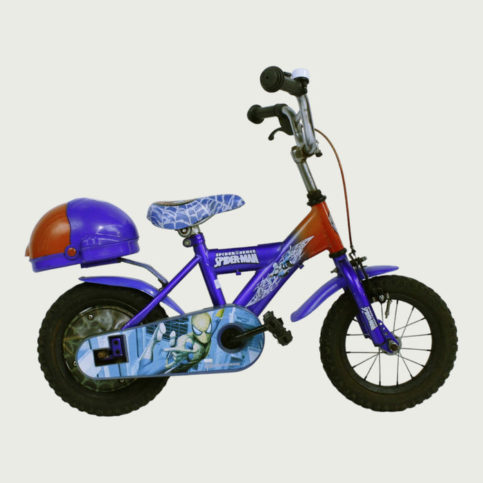 12.16 - BikeFlip, 12 inch kinderfiets, paars fiets, Spiderman thema fiets, terugtraprem, handrem, kabelslot, zijwieltjes