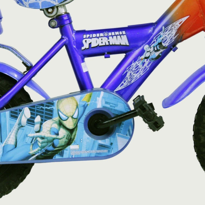 12.16 - BikeFlip, 12 inch kinderfiets, paars fiets, Spiderman thema fiets, terugtraprem, handrem, kabelslot, zijwieltjes