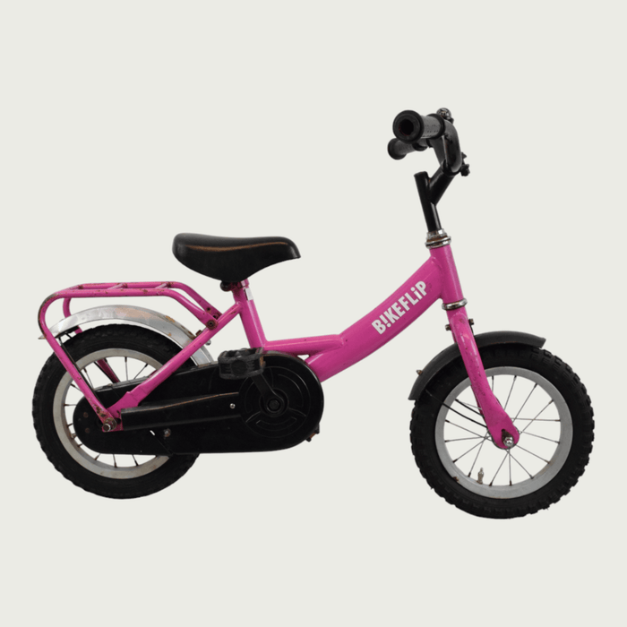 12.174 - BikeFlip, , kinderfiets, 12 inch fiets, roze fiets, terugtraprem, handrem, kabelslot, geen versnellingen