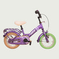 Paarse Loekie kinderfiets, 12 inch. Met een groene fietsband.