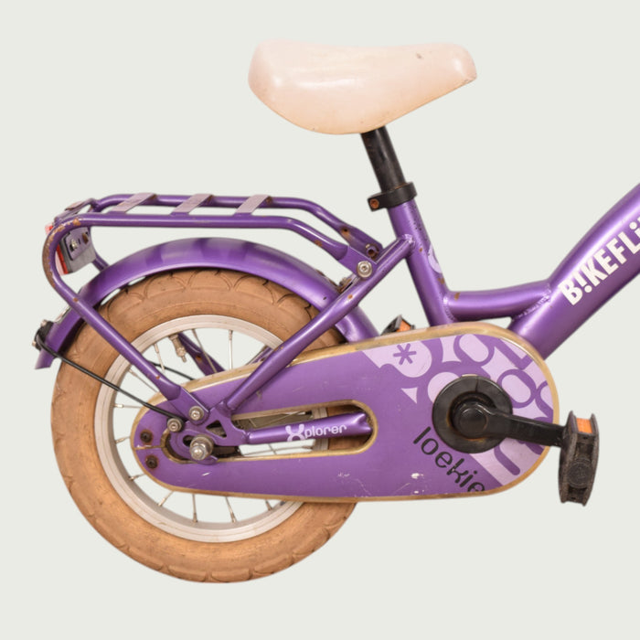 Paarse Loekie kinderfiets, 12 inch.