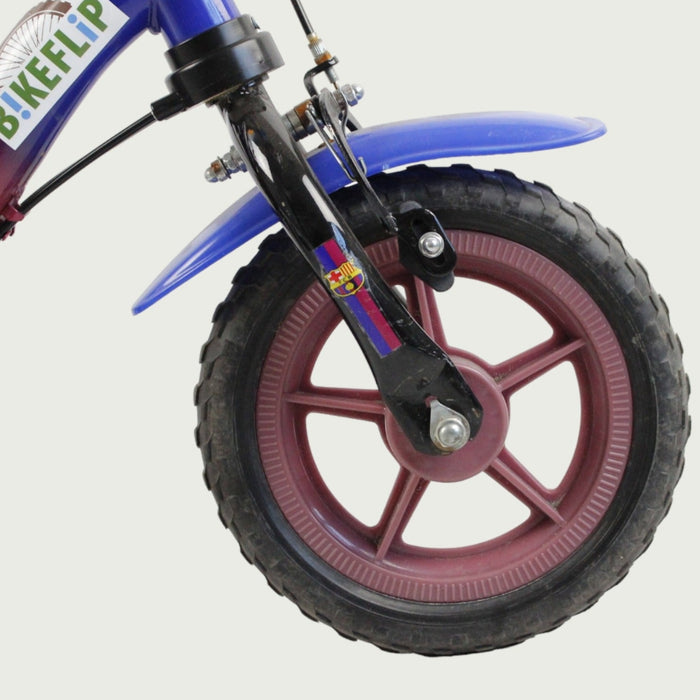 12.55 - BikeFlip, kinderfiets, 12 inch, bruin, blauw, FC Barcelona thema fiets, terugtraprem, handrem, kabelslot, sportief