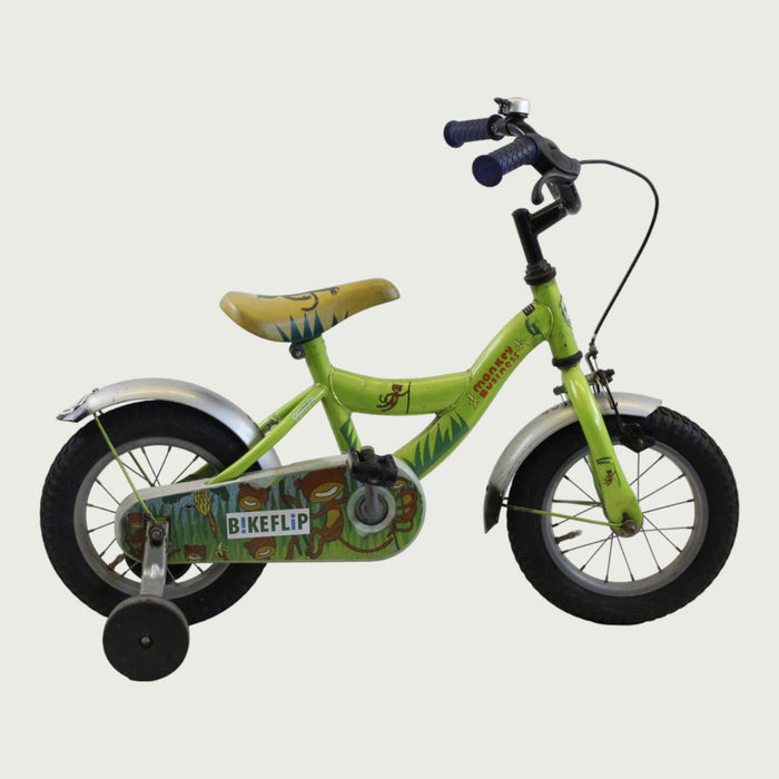12.58 - BikeFlip, kinderfiets, 12 inch, groene fiets, terugtraprem, handrem, kabelslot, stevig, lichtgewicht, duurzaam