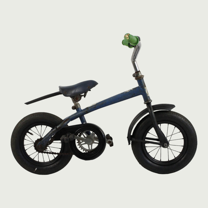 12.66 - BikeFlip, kinderfiets, 12 inch, blauw, tijgerprint handvaten, terugtraprem, geen versnellingen, kabelslot, stevig