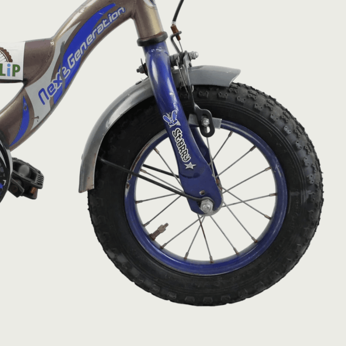 12.82 - BikeFlip, 12 inch kinderfiets, grijs blauwe fiets, terugtraprem, handrem, geen versnellingen, kabelslot, stoer