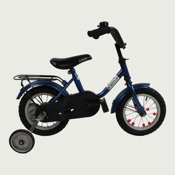 12.88 - BikeFlip, 12 inch kinderfiets, blauw, terugtraprem, handrem, geen versnellingen, kabelslot, zijwieltjes optioneel