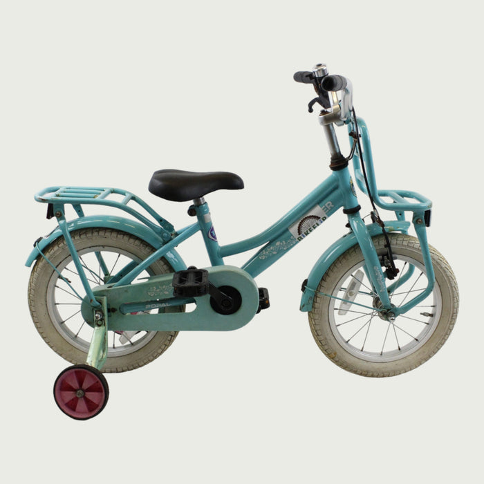 14.16 - BikeFlip, 14 inch kinderfiets, lichtblauw fiets, terugtraprem, handrem, geen versnellingen, kabelslot
