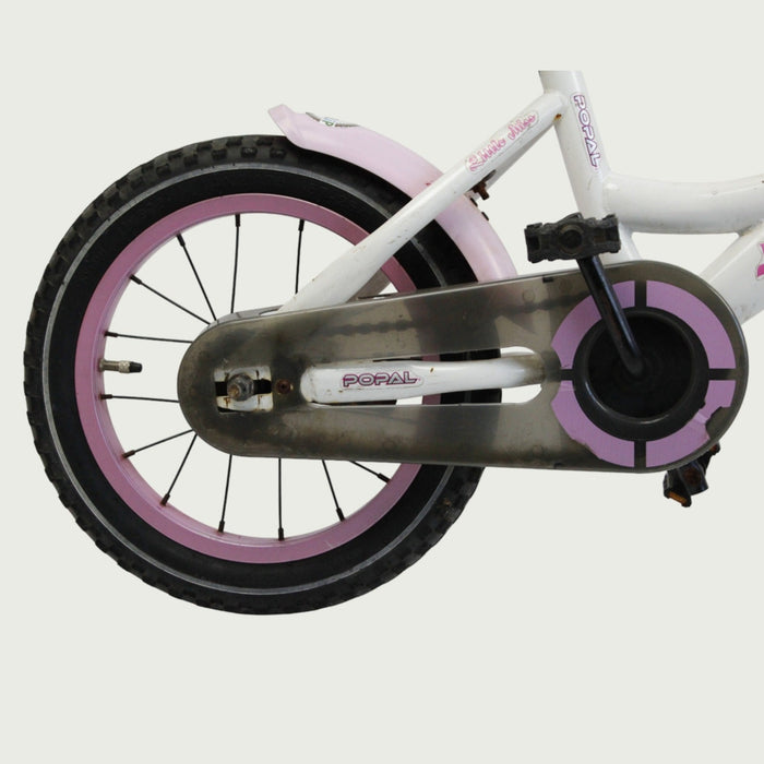 14.23 , BikeFlip - 14 inch fiets, witte fiets, roze velgen en zadel, terugtraprem, geen versnellingen, kabelslot