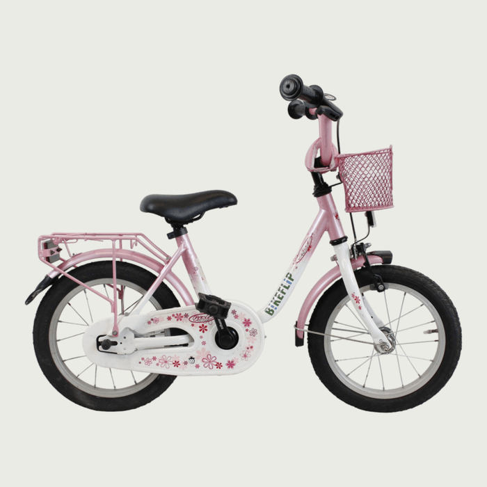 14.32 - BikeFlip , 14 inch fiets, mandje voorop, terugtraprem en handrem, geen versnellingen, kabelslot, roze kinderfiets