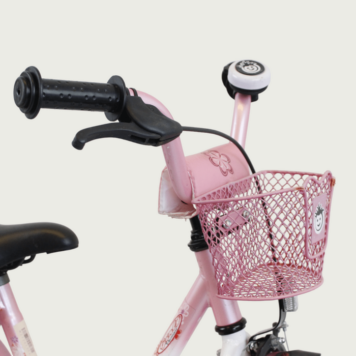 14.32 - BikeFlip , 14 inch fiets, mandje voorop, terugtraprem en handrem, geen versnellingen, kabelslot, roze kinderfiets