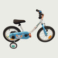 14.35 - BikeFlip 14 inch fiets, witte B-Twin kinderfiets, handremmen, geen versnellingen, kabelslot, beren kettingbeschermer.