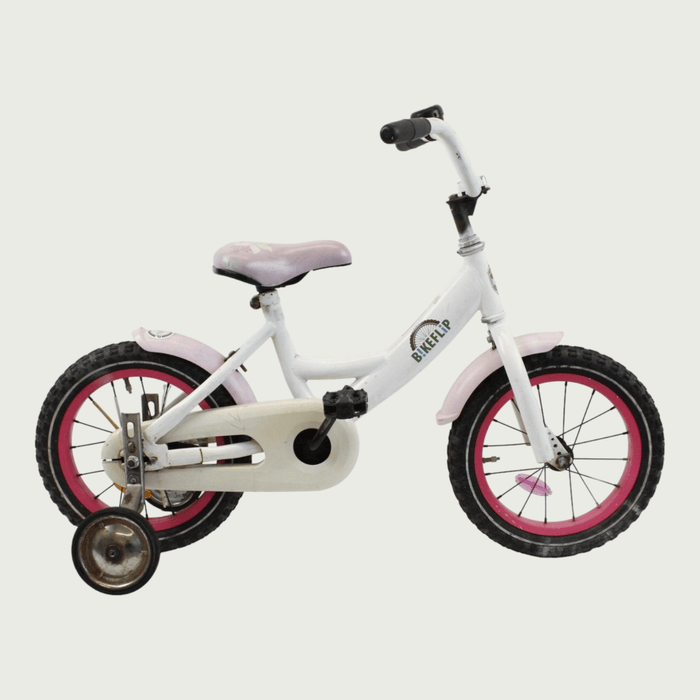 14.7 - BikeFlip, 14 inch fiets, vrolijke witte fiets, terugtraprem, geen versnellingen, kabelslot, verlichting
